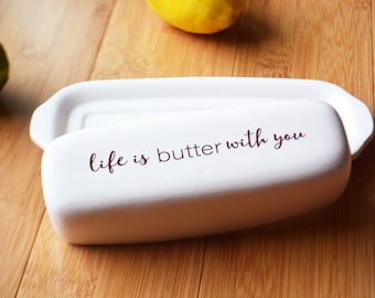 Personalized Butter Dish with Lid - Unique Wedding Housewarming or Host Gift - Ceramic - Gift Bag Included