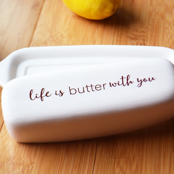 Personalized Butter Dish with Lid - Unique Wedding Housewarming or Host Gift - Ceramic - Gift Bag Included