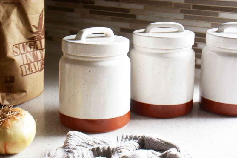 Ceramic Canister Set - Coffee Tea Flour Kitchen Containers - Burnt Orange Navy Blue - Set of 3 - Custom Colors Available 