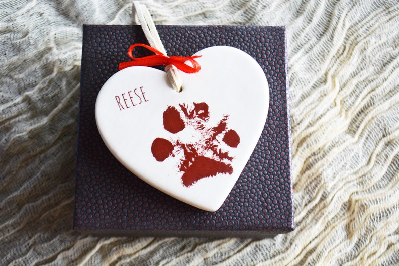 Dog Paw Print Heart Ornament with Name Dog Memorial Gift Sympathy Gift Pet Owner Ornament Gift Box Included image 3