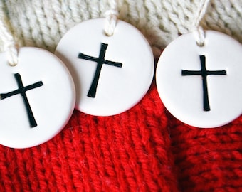 READY TO SHIP - Round Ceramic Cross Gift Tags - Religious Gift Tags - Baptism Dedication Confirmation Gifts - Set of 3