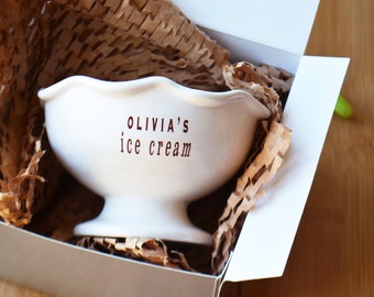 Kids Ceramic Ice Cream Sundae Dish or Dessert Bowl - Personalized - Niece Nephew Grandson Granddaughter Birthday Gift - Gift Box Included