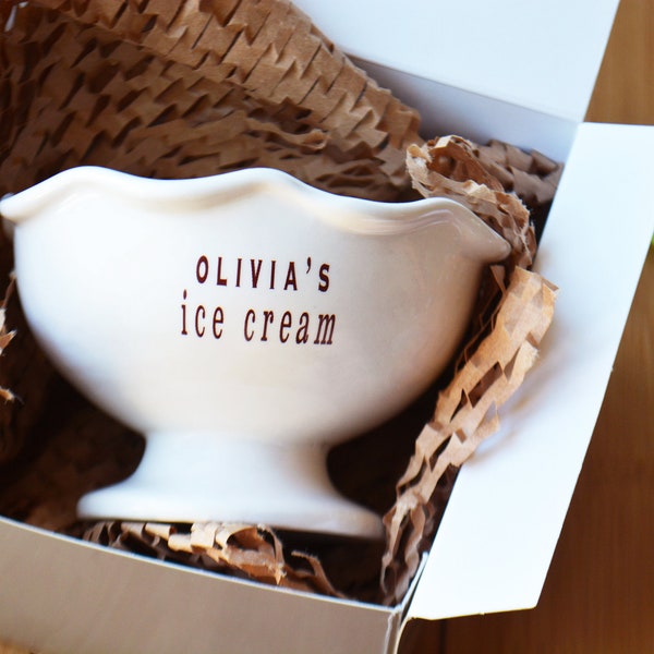 Kids Ceramic Ice Cream Sundae Dish or Dessert Bowl - Personalized - Niece Nephew Grandson Granddaughter Birthday Gift - Gift Box Included