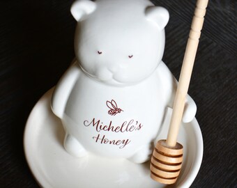 Ceramic Honey Bear Honey Pot - Personalized Bee Hive Honey Jar - Honey Dipper and Ceramic Plate Included