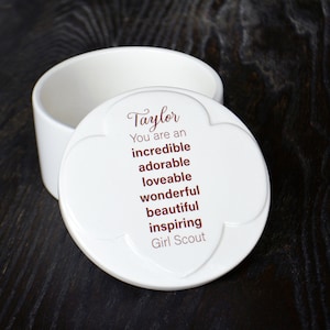 Personalized Girl Scout Ceramic Keepsake Box - Girl Scout Law Trinket Box with Trefoil - Gift for Niece Sister Daughter - Gift Box Included