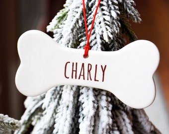 Dog Bone Shaped Ornament with Name - Personalized Pet Ornaments - Pet Christmas Gift - New Dog Gift - 3.75" x 1.75" - Gift Box Included