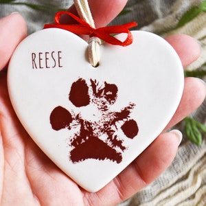 Dog Paw Print Heart Ornament with Name Dog Memorial Gift Sympathy Gift Pet Owner Ornament Gift Box Included image 2