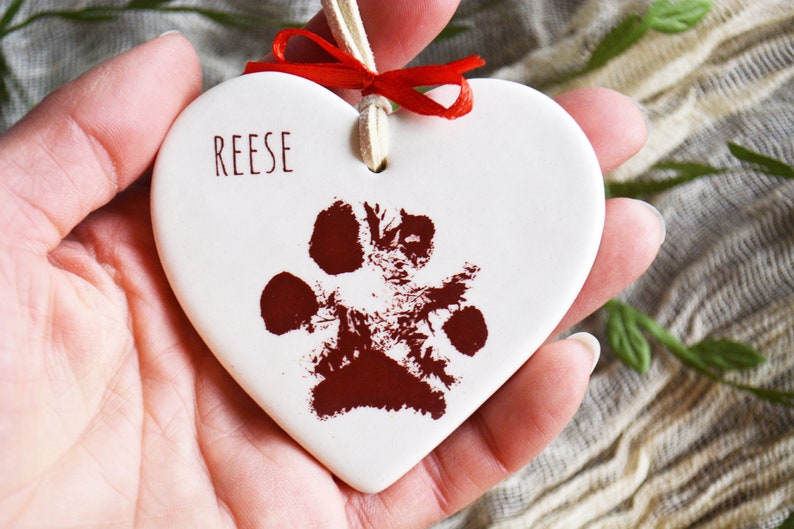 Dog Paw Print Heart Ornament with Name Dog Memorial Gift Sympathy Gift Pet Owner Ornament Gift Box Included image 2