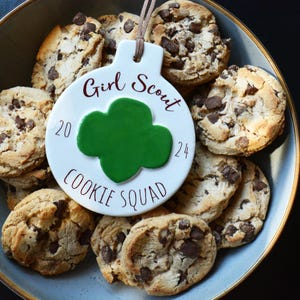 Girl Scout Gift - Ceramic Christmas Ornament for Daughter, Niece, Sister, Cousin - Girl Scout Cookie Dealer Cookie Squad - Gift Box Included
