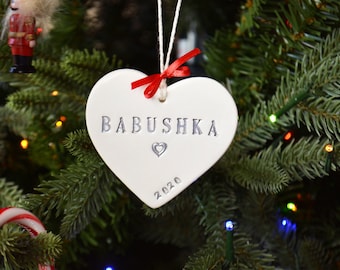 Personalized Ceramic Heart Ornament Grandma Grandmother Babushka Gift - Add Custom Text - Gift Box Included
