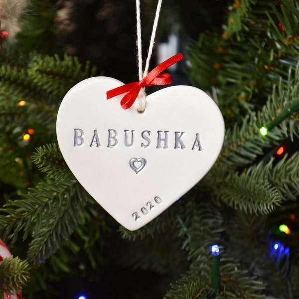 Personalized Ceramic Heart Ornament Grandma Grandmother Babushka Gift - Add Custom Text - Gift Box Included