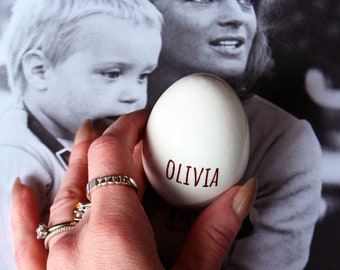 Personalized Ceramic Easter Egg with Beaded Heart Bracelet - Baby's First Easter - My First Easter Family Gift - Ceramic Basket Included