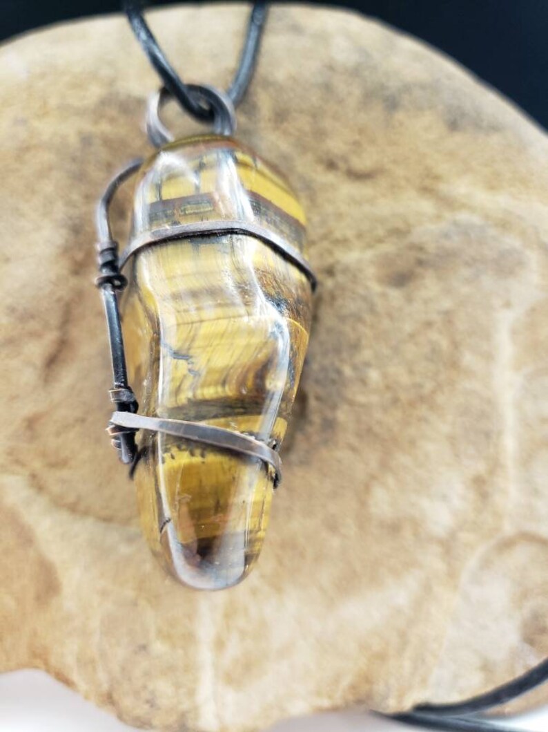 Large Tiger/'s Eye Wire Wrapped Pendant Necklace Jewelry
