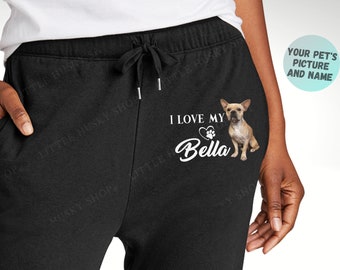 Pantaloni della tuta personalizzati - I Love My Dog Comodi pantaloni della tuta - Immagine di Pet on Sleep Pants con nome sull'anca - Felpe da salotto divertenti e uniche