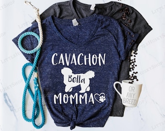 Cavachon Momma Shirt avec le nom de VOTRE chien - Cavachon Mom Gift - Cavachon Mama T Shirt personnalisé avec jolie silhouette de chien - Dog Mom Gift