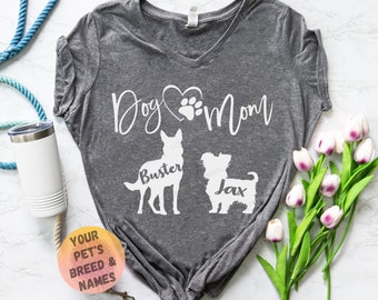 Camicia personalizzata per la mamma del cane con i nomi e le razze dei tuoi animali domestici - Camicia personalizzata con il nome dell'animale domestico della mamma del cane - La tua razza - Regalo per la mamma del cane - Cani d'amore