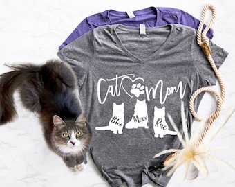 Camiseta personalizada para mamá gata con el nombre y la forma del cuerpo de tu gato - Mamá gata - Camiseta personalizada para madre de gatos - Regalo para amantes de los gatos - Camiseta con nombre de gato