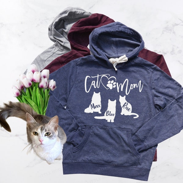 Personalized Cat Mom Hoodie or Shirt with YOUR Cat's Names and Shapes - Cat Mama Hoodie - Cat Name Sweatshirt or T Shirt - Cat Owner Hoodie