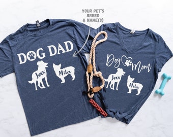 Matching Dog Mom Dog Dad Shirts with YOUR Pet's Shape Breed and Names - Custom Dog Parents Shirts - Dog Breed Shirt - Dog Dad Name Soft Tee