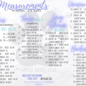 May include: Detailed size chart in inches for various apparel styles, including Ladies (V-Necks & Crew Necks), Tanks (Racer Back Style), Long Sleeves, and Hoodies. Measurements for XS to XXL sizes are provided for chest, length, and sleeve dimensions.