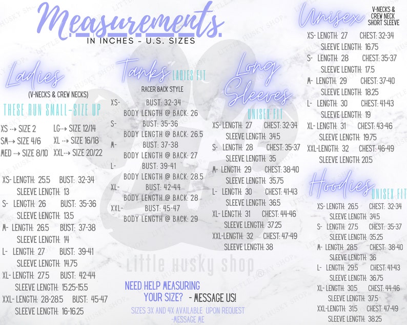 May include: Detailed size chart in inches for various apparel styles, including Ladies (V-Necks & Crew Necks), Tanks (Racer Back Style), Long Sleeves, and Hoodies. Measurements for XS to XXL sizes are provided for chest, length, and sleeve dimensions.