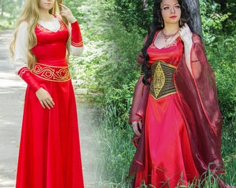 Robe médiévale rouge elfique GN 2 en 1 faite main avec corset