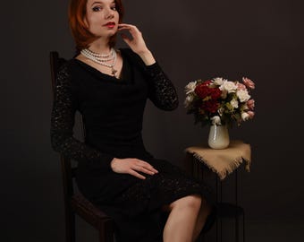 Robe de soirée noire en dentelle faite main