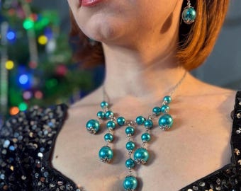 Handmade Teal Glass Bead Jewelry Set: Necklace and Earrings