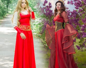 Red Elven LARP Cosplay 2-in-1 Handgefertigtes Mittelalter Kleid mit Korsett