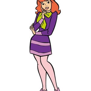 May include: A cartoon illustration of a character with shoulder-length orange hair wearing a purple long-sleeved dress with a light purple hem, a lime green neck scarf, a purple headband, light pink tights, and purple flat shoes.