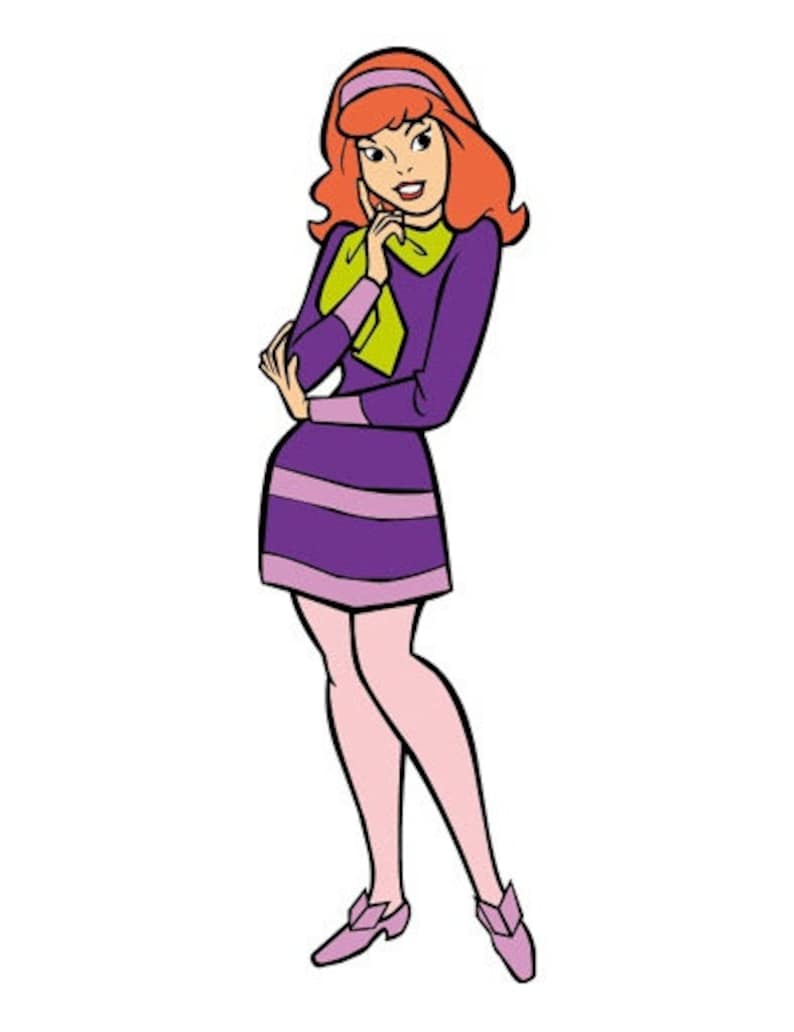 May include: A cartoon illustration of a character with shoulder-length orange hair wearing a purple long-sleeved dress with a light purple hem, a lime green neck scarf, a purple headband, light pink tights, and purple flat shoes.