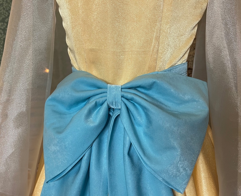 May include: A light blue bow tied at the back of a gold dress.
