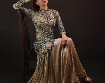 Robe de danse orientale pailletée faite main : Costume de spectacle de danse orientale
