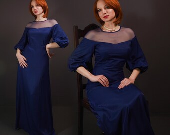 Élégante robe de soirée bleue faite main à épaules dénudées