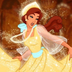 May include: A woman in a yellow dress with a blue sash and a pearl necklace. She is wearing a white hat and has long brown hair. She is surrounded by sparkling lights.