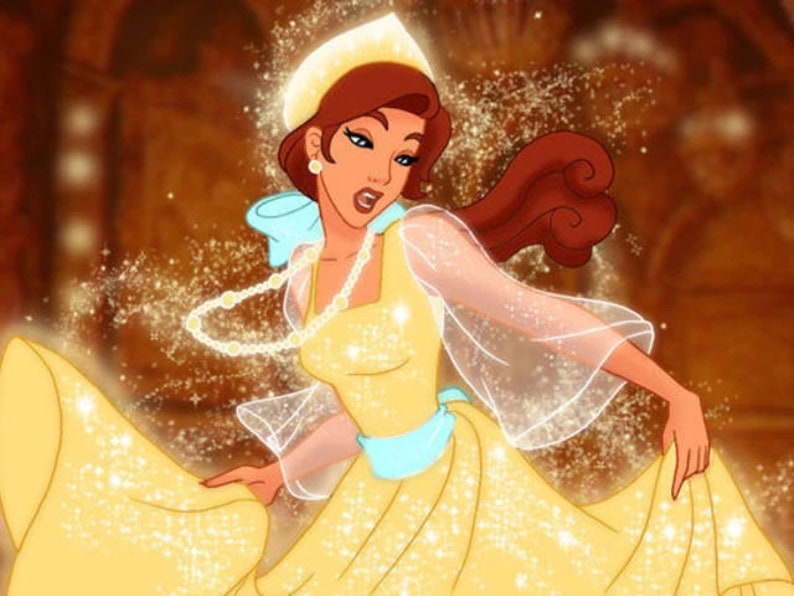 May include: A woman in a yellow dress with a blue sash and a pearl necklace. She is wearing a white hat and has long brown hair. She is surrounded by sparkling lights.
