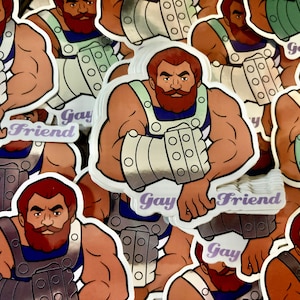 May include: A stack of colorful stickers featuring a cartoon character with a beard and a silver arm. The stickers have the text "Gay Friend" on them.