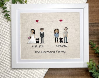 Personalized Anniversary Portrait with Frame for Traditional 2, 4, and 12 year. Cotton and linen fife for wife