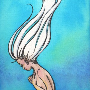 Sereniteit - Fantasiekunst - Zeemeerminkunst - Maangezicht - Miniatuur aquarelschilderij - Onderwater