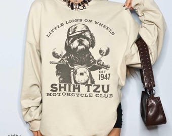 Shih Tzu Lover Vintage Motorcycle Sweatshirt, Funny Shih Tzu Dog Mom Tank Top, Cute Shih Tzu Owner Gift, Longsleeve Shih Tzu Dog Dad T-Shirt