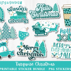 Printable Turquoise Christmas Sticker Bundle - Digital PNG Stickers - Print and Cut Stickers for Cricut or Silhouette, Digital Download