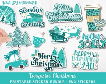 Printable Turquoise Christmas Sticker Bundle - Digital PNG Stickers - Print and Cut Stickers for Cricut or Silhouette, Digital Download