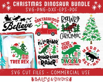 May include: A digital download bundle of 10 Christmas-themed dinosaur SVG cut files. The designs include a red truck with a Christmas tree, a dinosaur wearing a Santa hat, and a dinosaur with the text "Rawr Christmas".