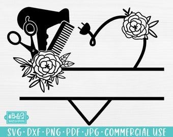 Hair Stylist Split Frame SVG File, Hairdresser Tools,  Floral Heart, Pretty Salon, Commercial Use SVG, Cricut, Silhouette Cutting File