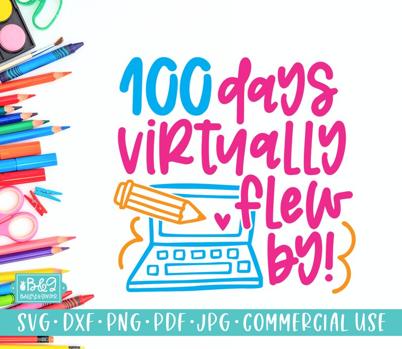May include: A colorful graphic design with the text "100 days virtually flew by!"  The design features a laptop with a pencil and a heart.