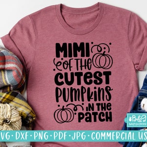 May include: A pink t-shirt with black text that reads "Mimi of the Cutest Pumpkins in the Patch" with a pumpkin graphic.