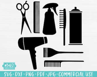 May include: A set of black hairdressing tools including scissors, combs, a spray bottle, a hair dye bottle, a hair dryer, and a brush.