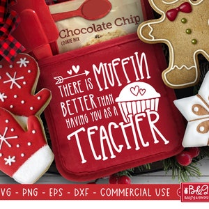 May include: Red oven mitt with the text "There is muffin better than having you as a teacher" and a white cupcake graphic. The oven mitt is surrounded by Christmas-themed cookies.