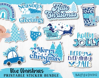 Printable Blue Christmas Sticker Bundle - Digital PNG Stickers - Print and Cut Stickers for Cricut or Silhouette, Digital Download
