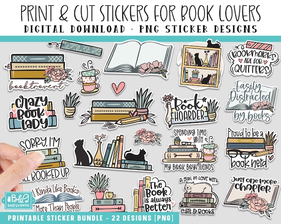 Printable Book Lover Stickers PNG Stickers - Print and Cut Book Stickers, Digital Download, Print and Cut Cricut, Silhouette